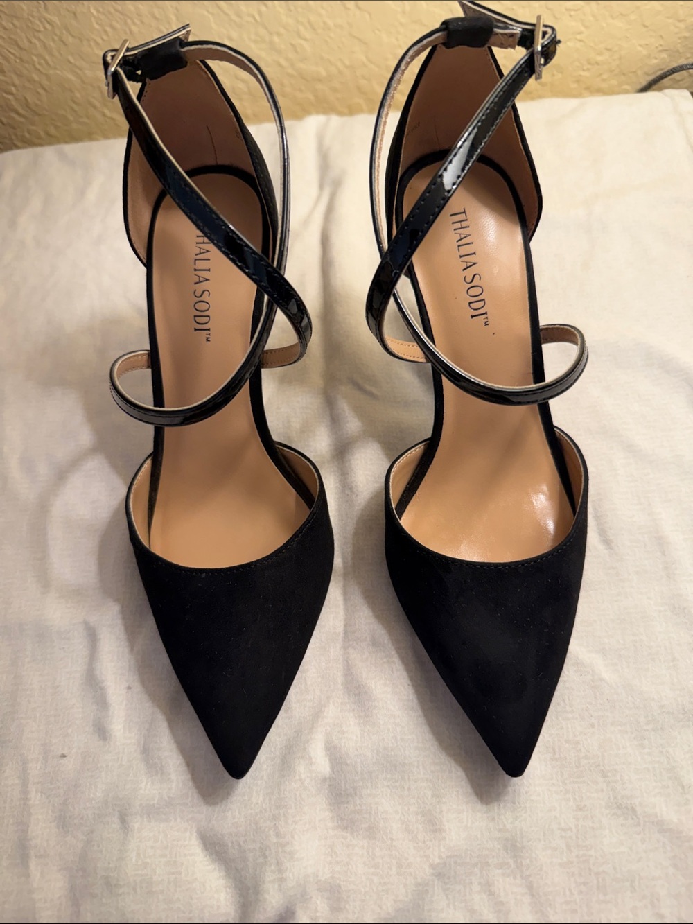 Thalia Sodi Black Pointed-Toe Crisscross Ankle Strap Pumps